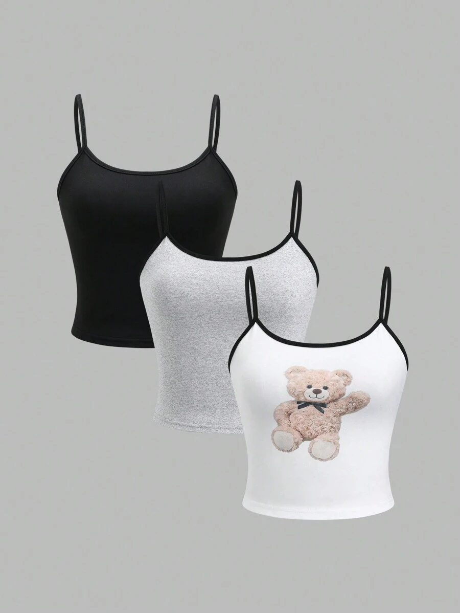 Flirla Cute Bear Print & Solid Color Contrast Trim Camisole Top Set