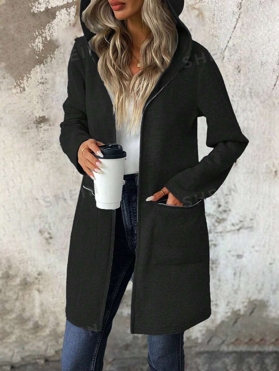 SHEIN LUNE Chaqueta de sudadera de mangas largas con capucha, cuello caído, con cremallera, de longitud media, para mujer, de estilo informal, para otoño