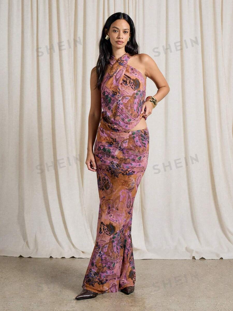 AiiRZ Conjunto de dos piezas con top de cuello de halter drapeado estampado y falda larga maxi