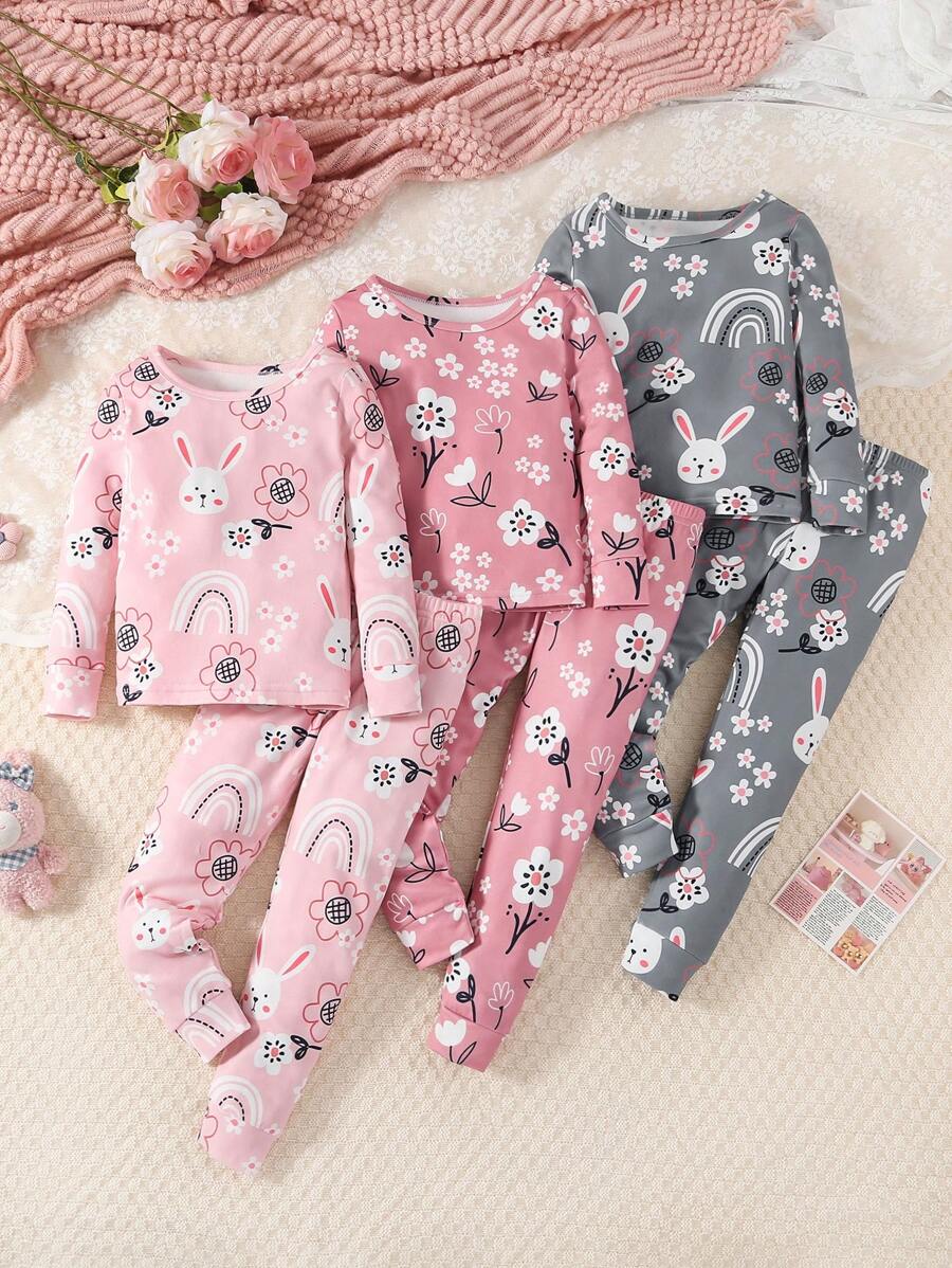 3 Stücke Mädchen Set mit Langarm-Oberteil mit Hase- und Blumenprint und Leggings, enge Passform, lässig und modisch