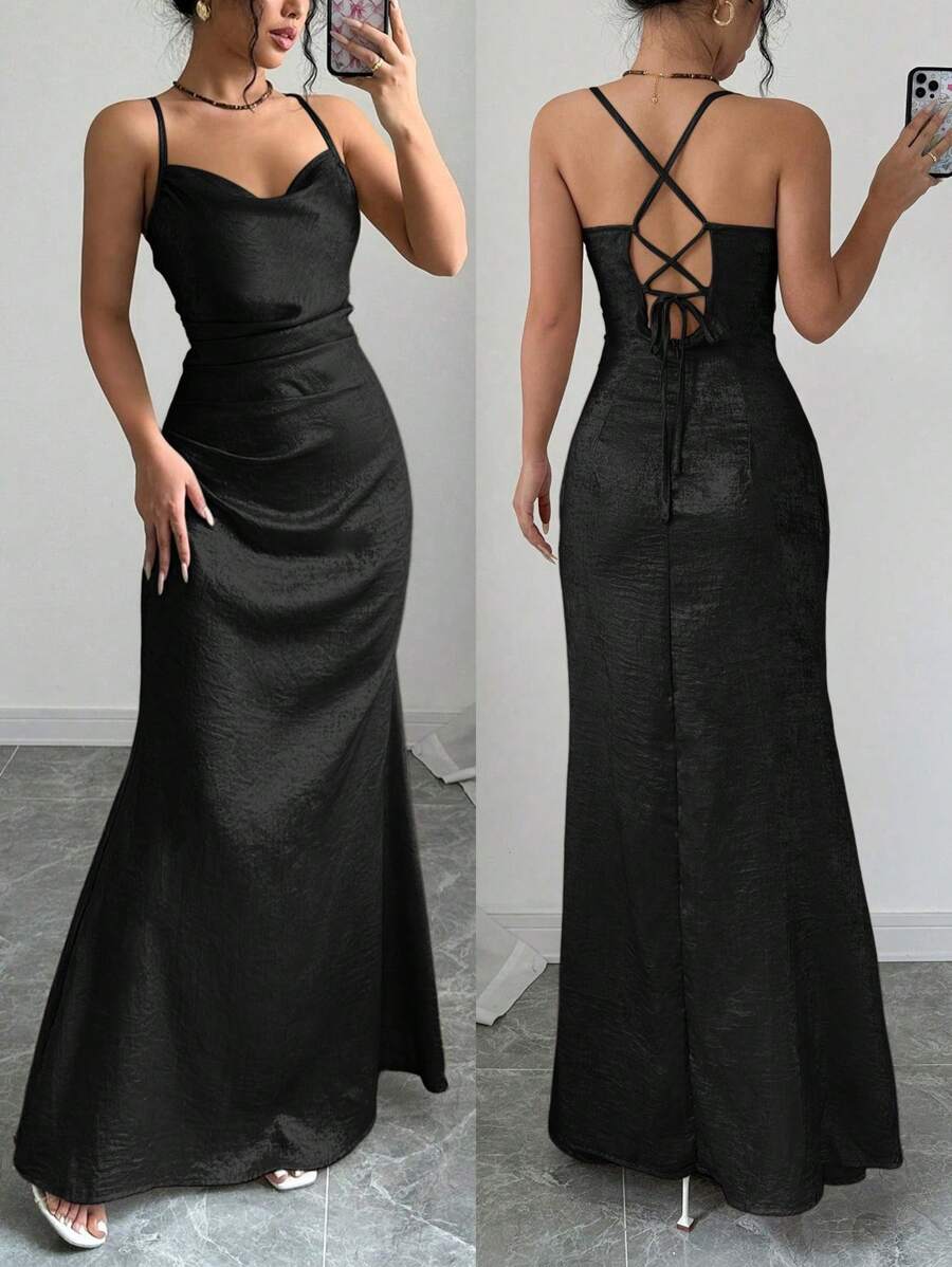 Rafferiza Metallic Loose Spaghetti Strap Party Dress Maxi Women Outfit