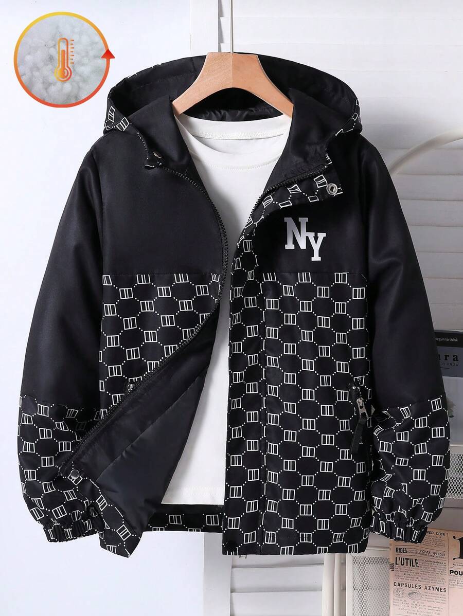 SHEIN Tween Boy Letter & Graphic Print Hooded Zip Front Long Sleeve Jacket