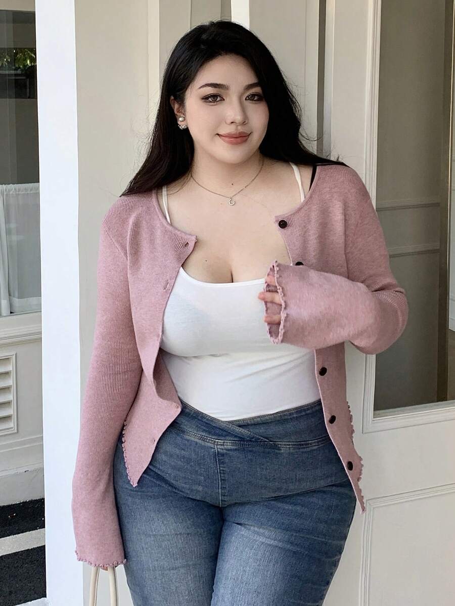 Dazy Plus Plus Size Solid Color Round Neck Asymmetrical Hem Fitted Flared Sleeve Cardigan,Fall Clothes