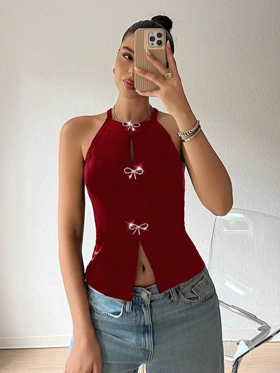 SHEIN EZwear Burgundy Velvet Knit Turtleneck Sleeveless Top For Women