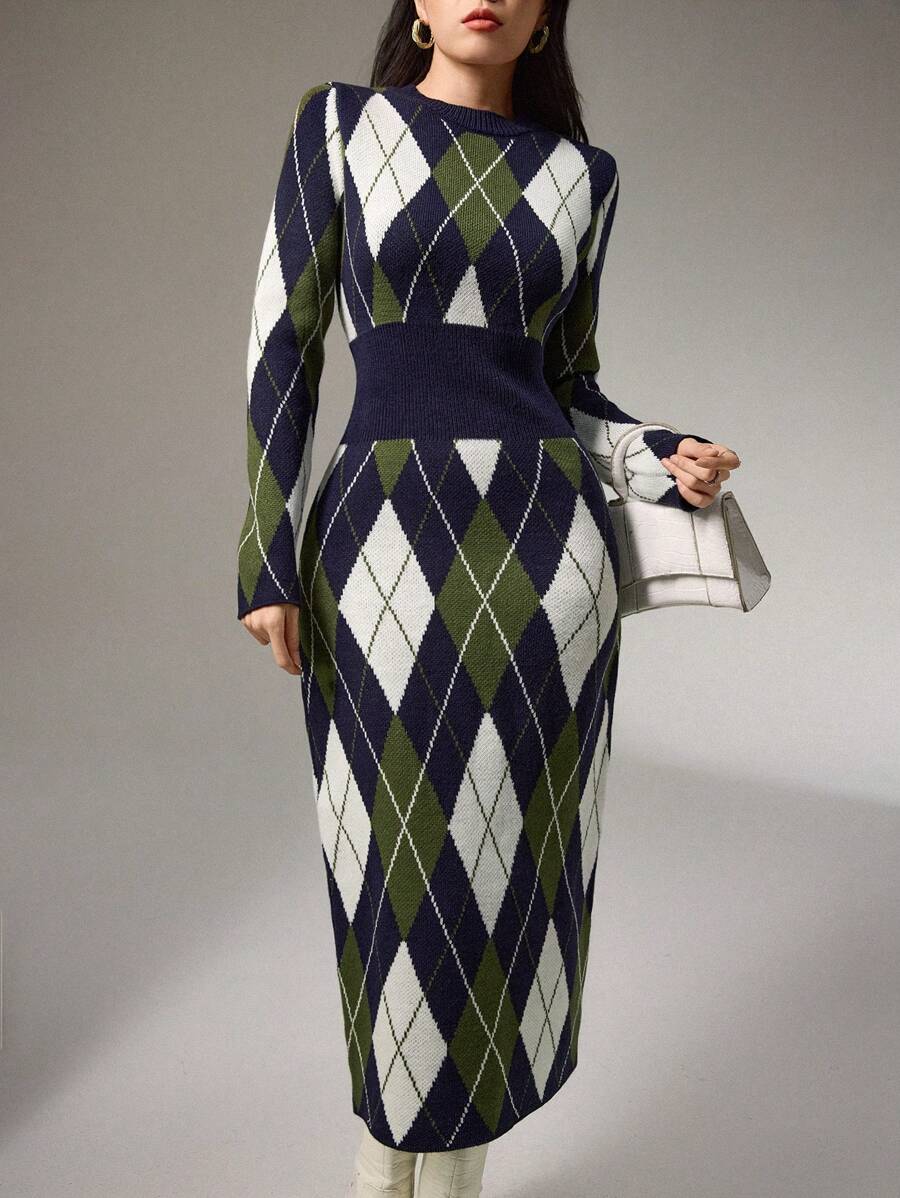 Modelyn Women Casual Argyle Pattern Waist Knitted Sweater Dress