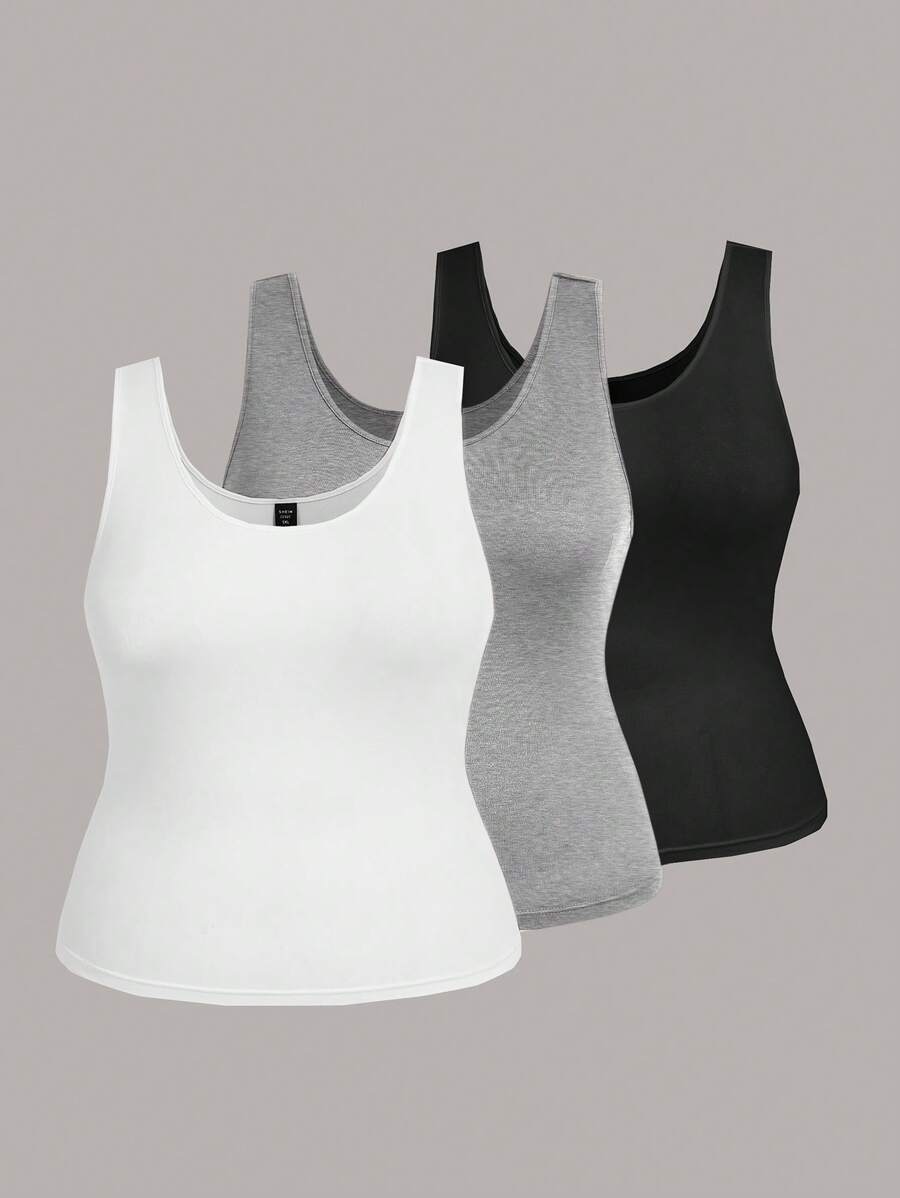 SHEIN LUNE Casual Minimalist Large Scoop Neck Tank Top For Plus Size Women, Slim Fit Tank Tops, Suitable For Summer