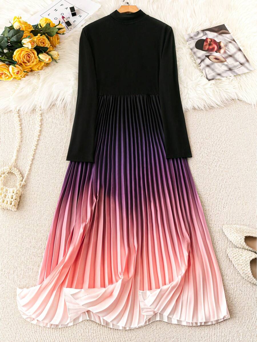 SHEIN Clasi Plus Size Solid Color Patchwork Round Neck Long Sleeve Simple Pleated Casual Dress Maxi Women Outfit