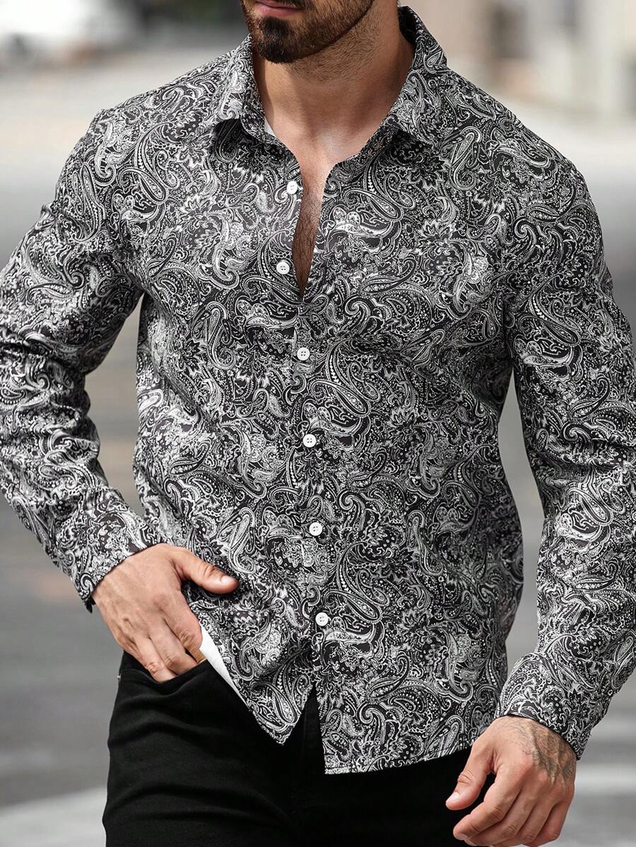 Manfinity LEGND Plus Size Men Casual Everyday Paisley Print Button Front Long Sleeve Shirt, Autumn, Street Wear, Going Out, Fancy Shirts For Men