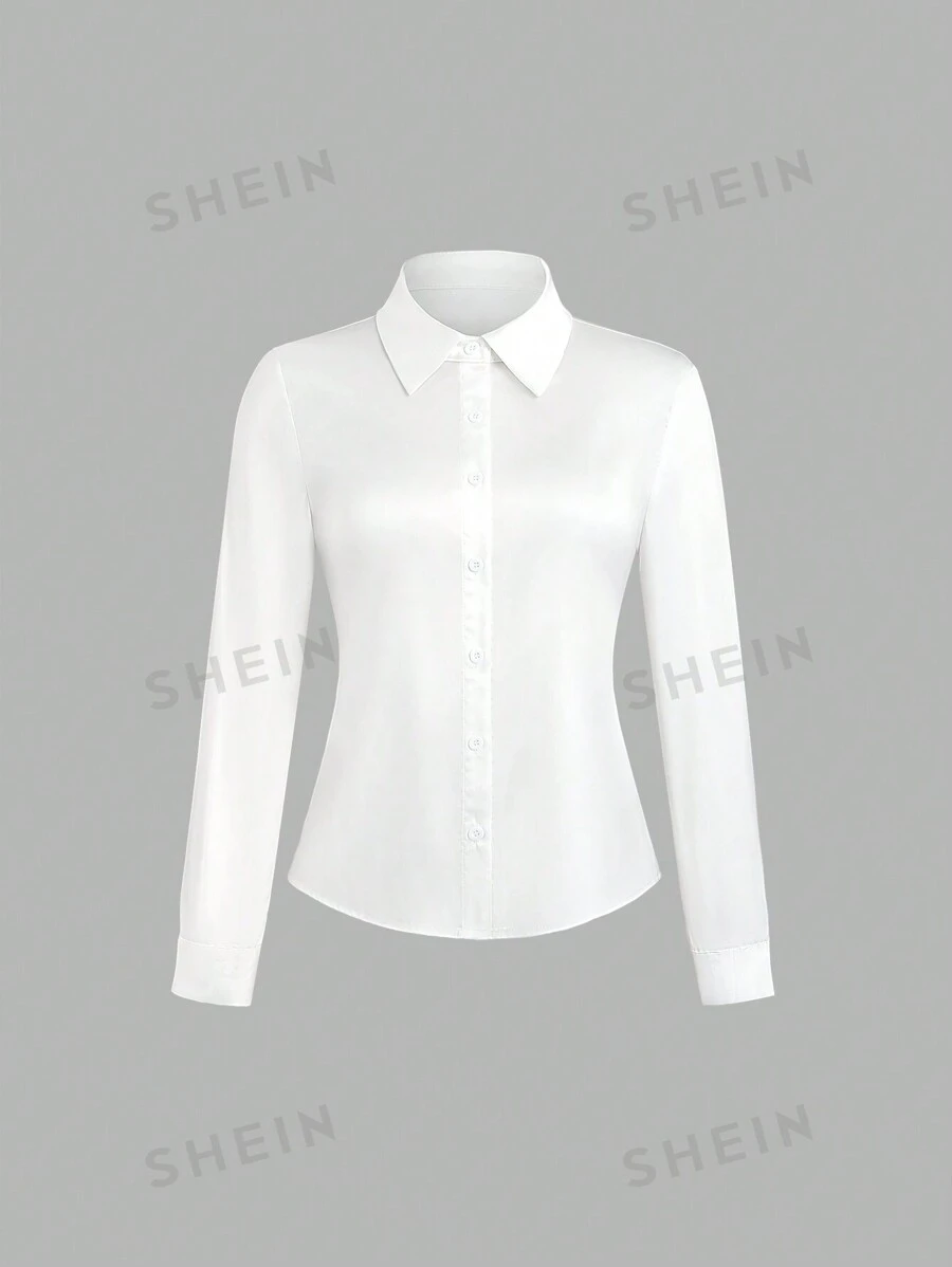 Sweetra Blusa de satén de unicolor elegante y casual para oficina, camisa de mujer de otoño, blusas de manga larga