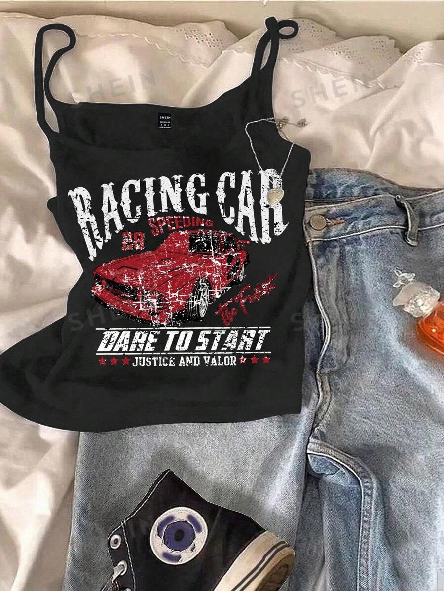 Attitoon Camiseta de tirantes casual y vintage con estampado de automóvil sexy, adecuada para el verano