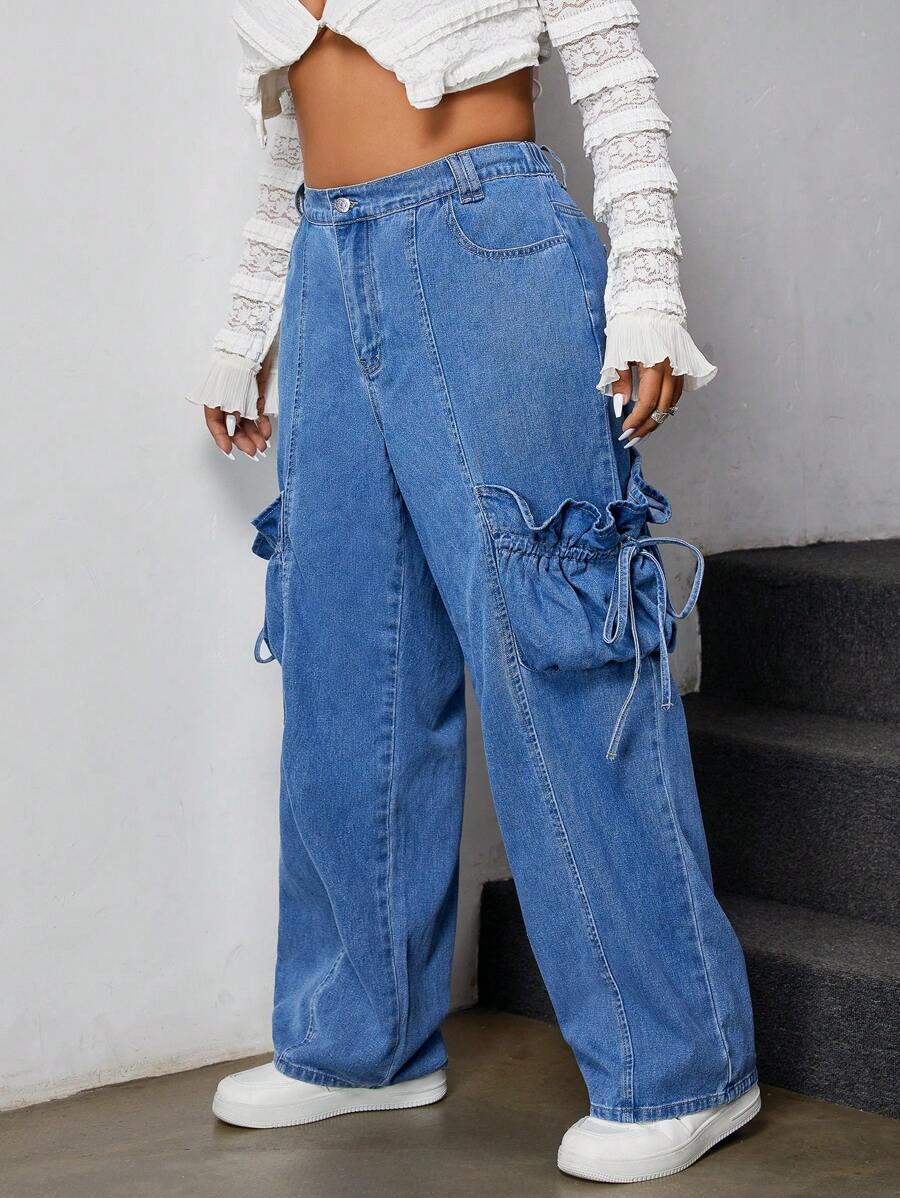 SHEIN ICON Plus Size Women Cargo Pocket Straight Leg Casual Jeans
