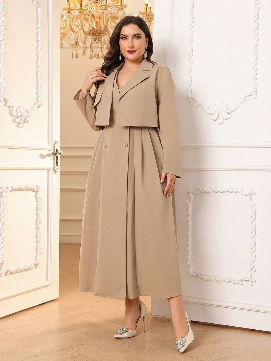 Modelyn Plus Size Women Solid Color Lapel Neck Long Sleeve Casual Trench Coat, Autumn