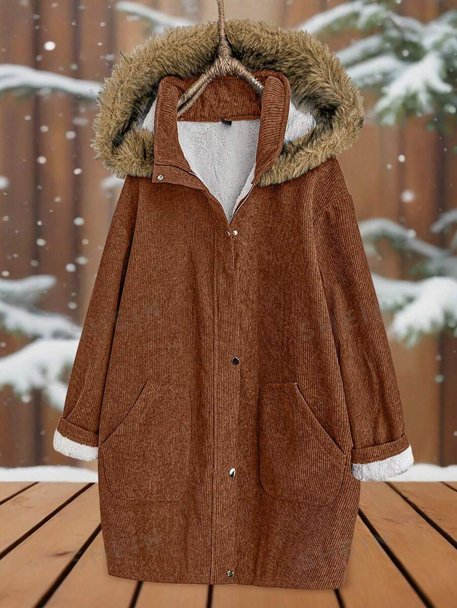 Calvaya Chaqueta informal de manga larga con capucha de peluche, de unicolor y holgada para mujer de talla grande, de otoño