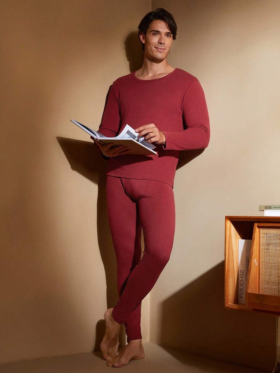 Solid Color Men 2pcs Warm Outfit - Round Neck Long Sleeve Top And Long Pants Set