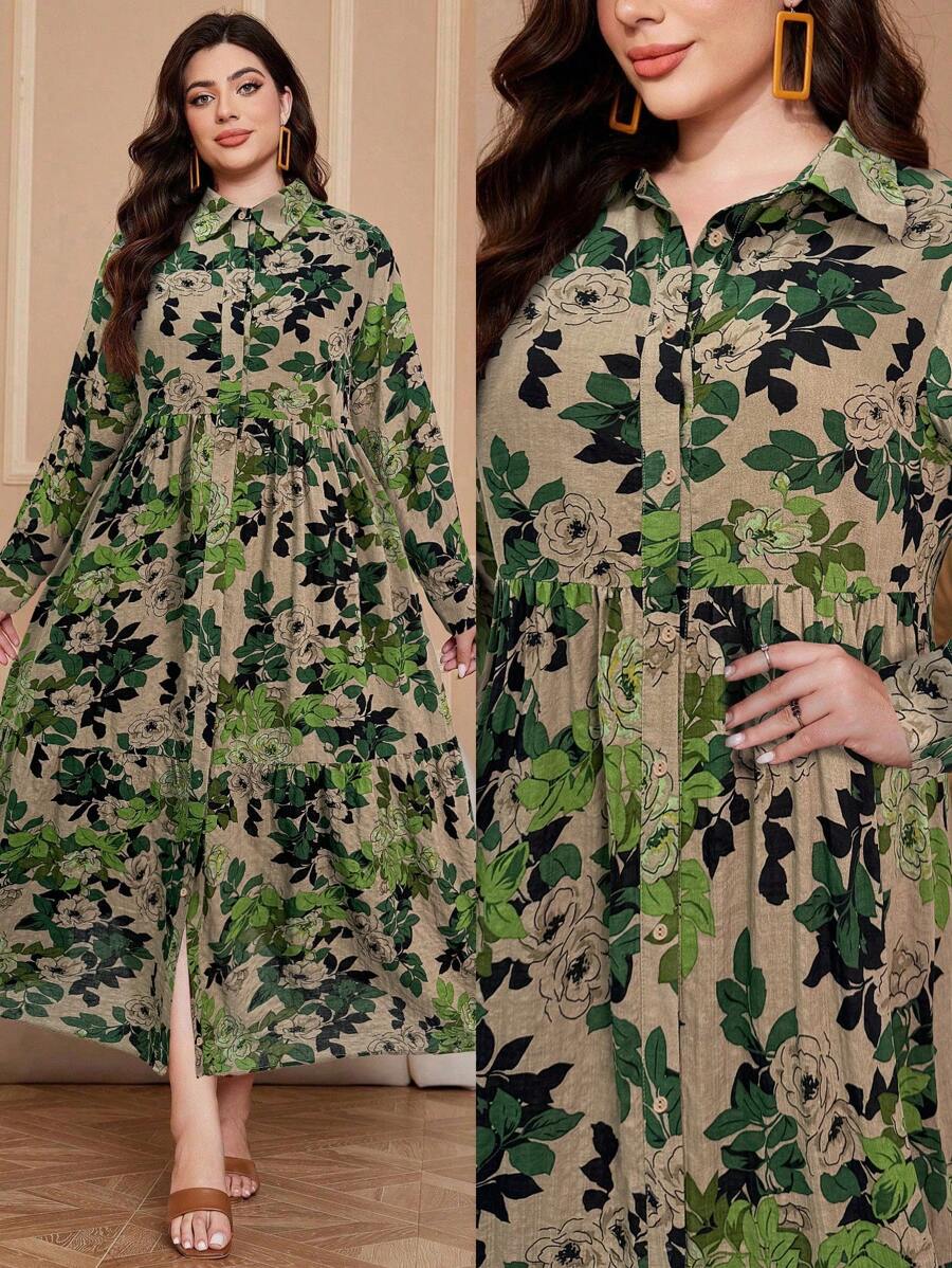 Al Najma Plus Size Women Botanical Print Long Sleeve Single Breasted Dress, Arabic Clothing, Casual,Modest For Casual Daily/Travel/Holiday/Vacation/Homewear, Maxi Length Plus Size Arabian Wear