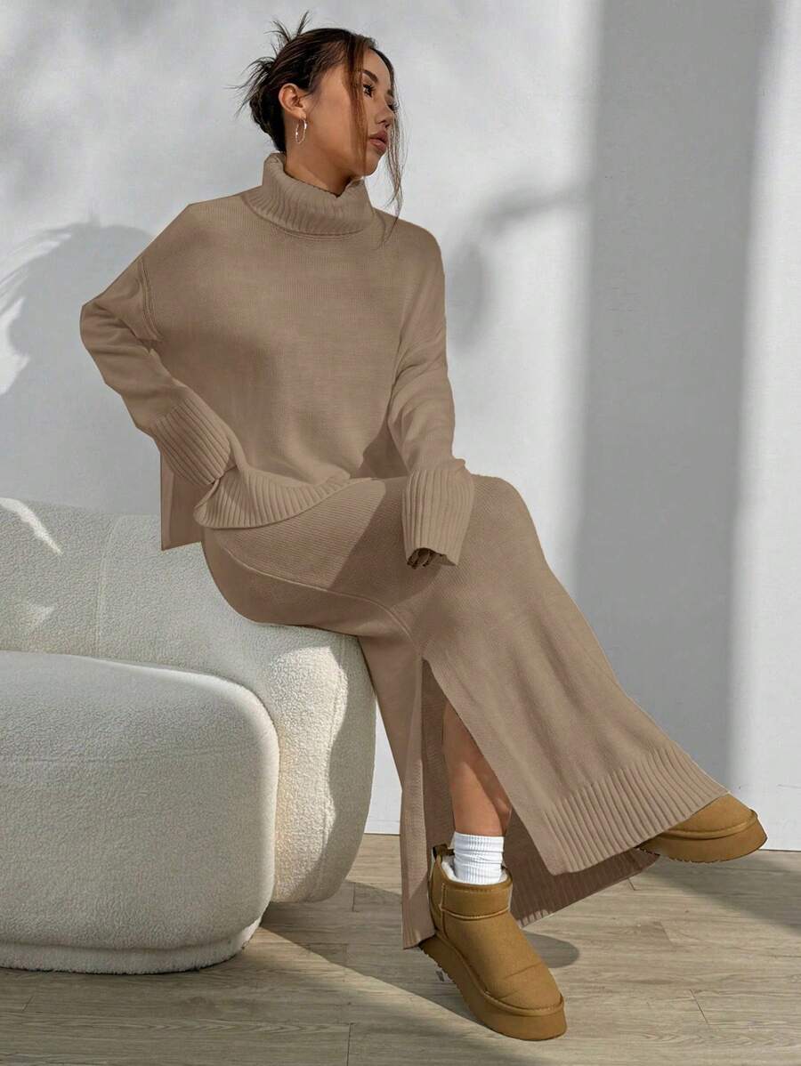 Flirla Set da 2 pezzi di maglione casual in maglia a collo alto con maniche lunghe e gonna midi con orlo spaccato
