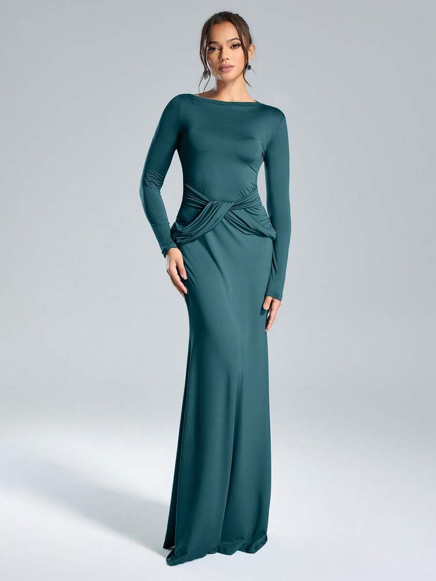 SHEIN Belle Autumn And Winter Women's Banquet Party Fashion Elegant Luxury Stretch Knit Asymmetric Collar Design Tight Waist Pleated Green Dress Formal Dress, Women's Autumn And Winter Formal Evening Dress, Party Banquet Christmas Can Be Worn, Prom Gown, For Wedding Guest, Graduation, Dinner