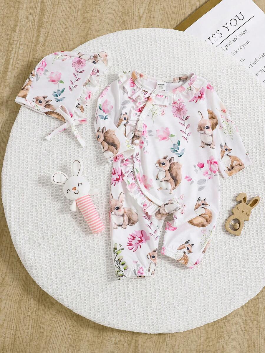 SHEIN 2 Stücke Neugeborenen Blume Muster Langarm Romper mit Mütze, lässiger und stilvoller Homeoutfit