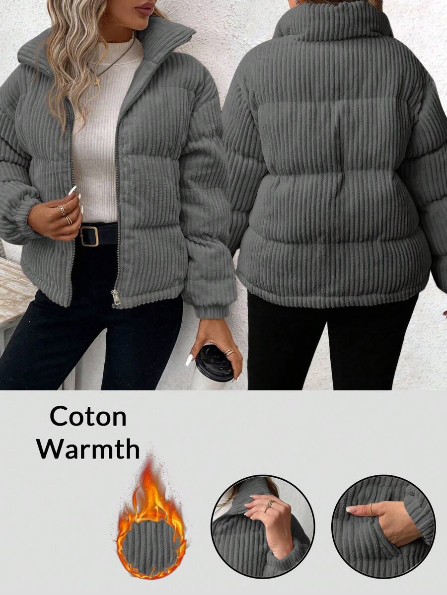 SHEIN LUNE Plus Size Women Christmas Green Geometric Pattern Regular Loose Fit Stand Collar Zip-Up Padded Coat, Winter Thickened Jacket & Parkas Winter Coat