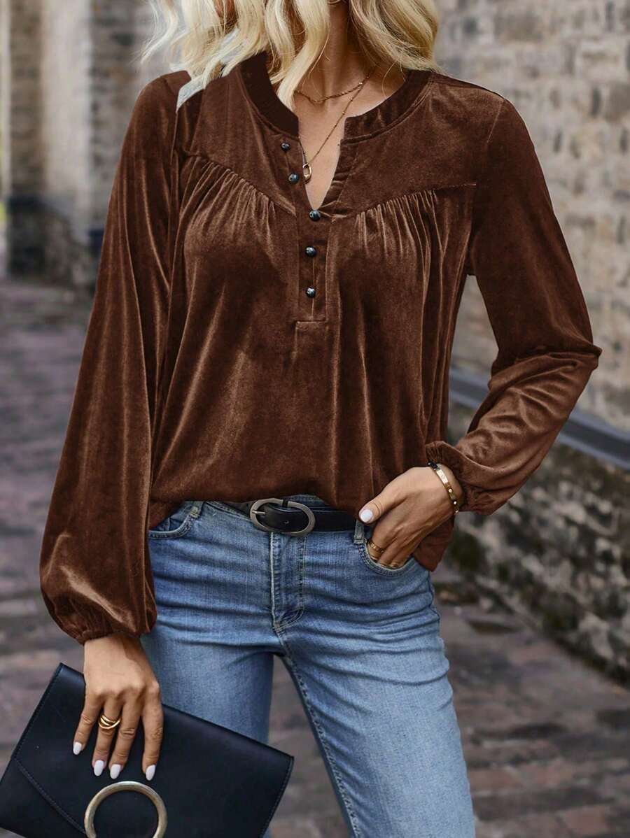 SHEIN LUNE Casual Vintage Solid Color Notch Neck Bishop Sleeve T-Shirt, Autumn