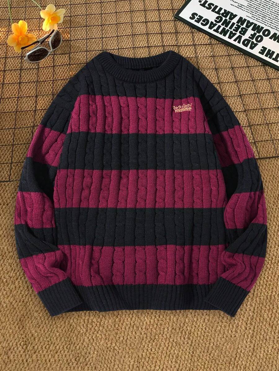Manfinity Sporsity Maglione girocollo a maniche lunghe con righe a contrasto e ricamo a lettera per uomo