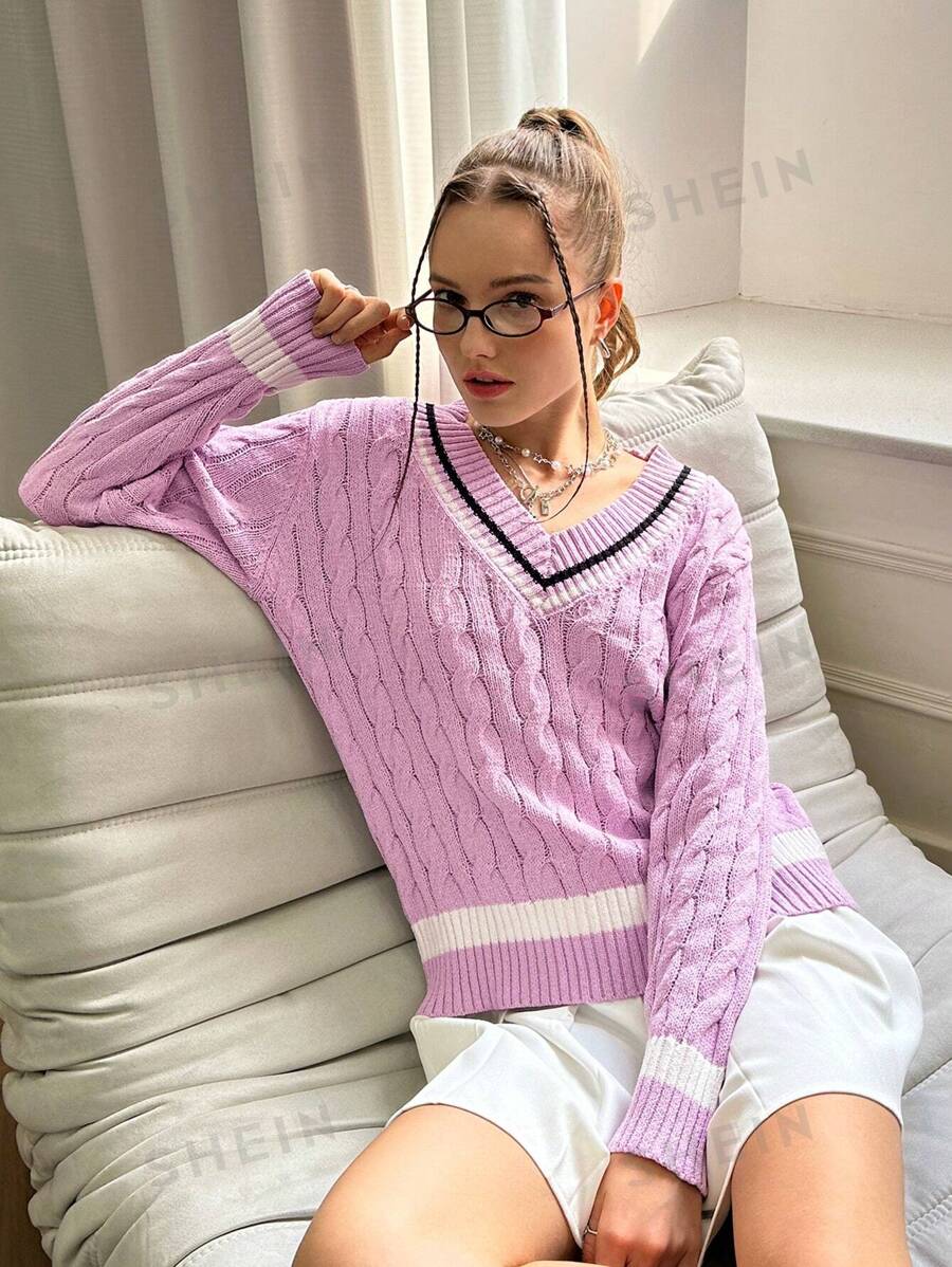 INAWLY Suéter de mujer de cuello en V estilo universitario de punto trenzado, informal para otoño/invierno