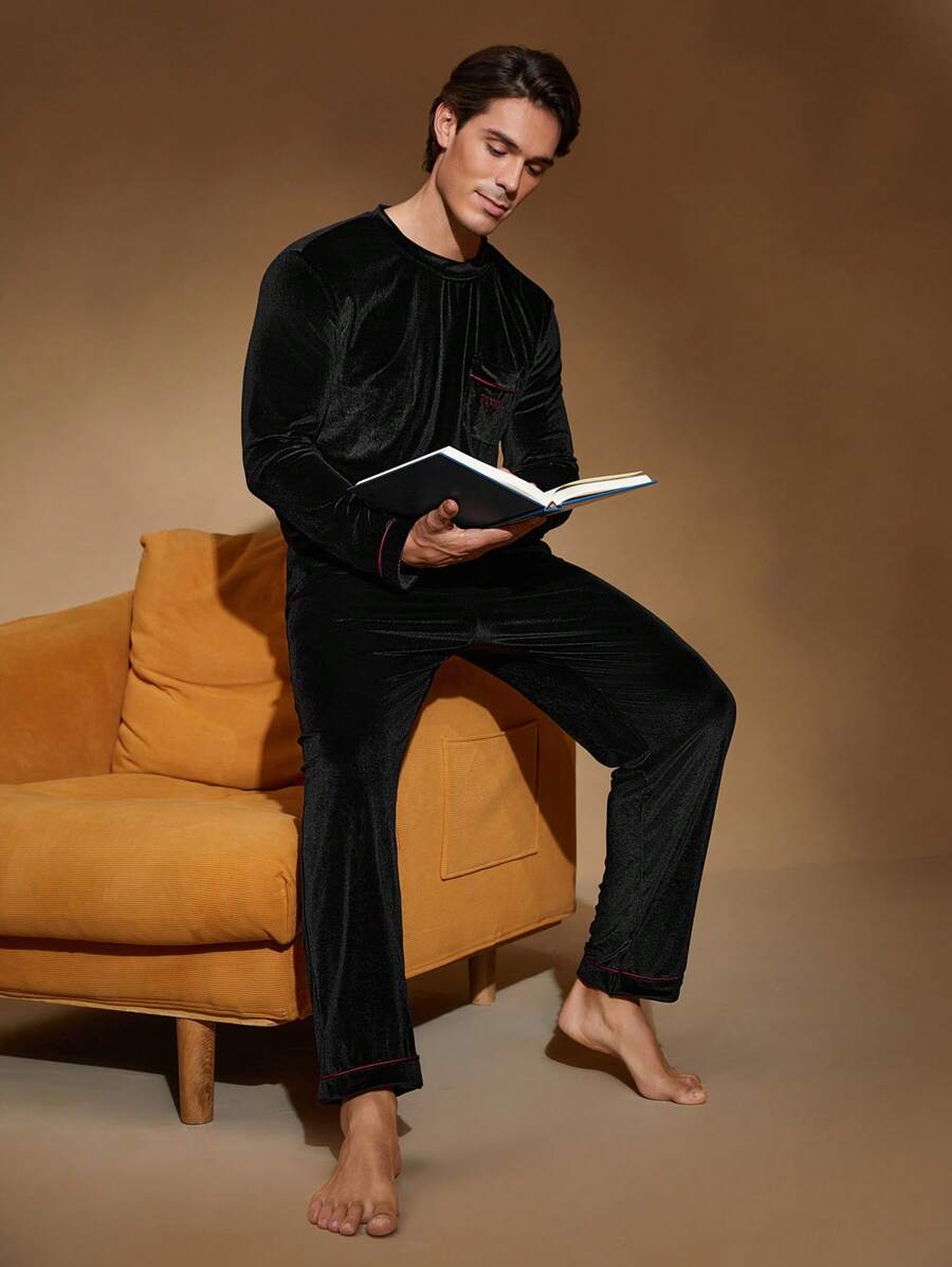 Ensemble de Top manches longues col rond et pantalon avec graphique lettrage pour homme, tenue de détente