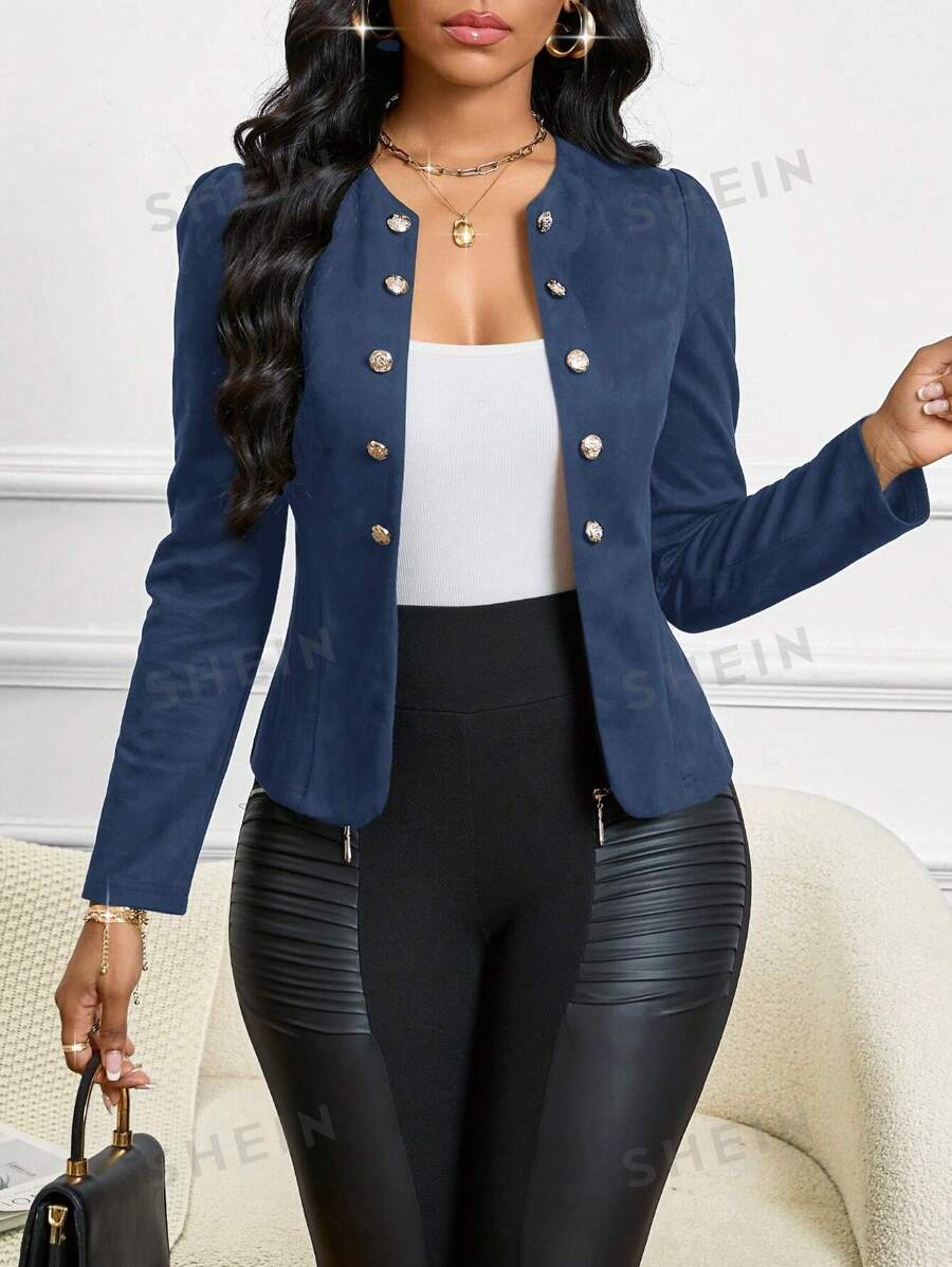 SHEIN Lady Chaqueta negra con detalles de botones, de apertura frontal, para todas las estaciones