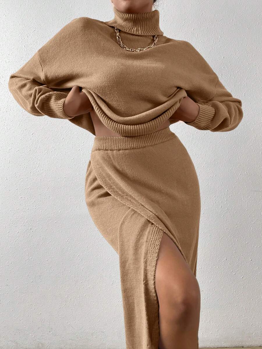 Chiquease 2 stuks/set dames effen kleur hoge hals drop schouder lange mouw trui & wikkel zoom gebreide rok casual outfit, herfst/winter