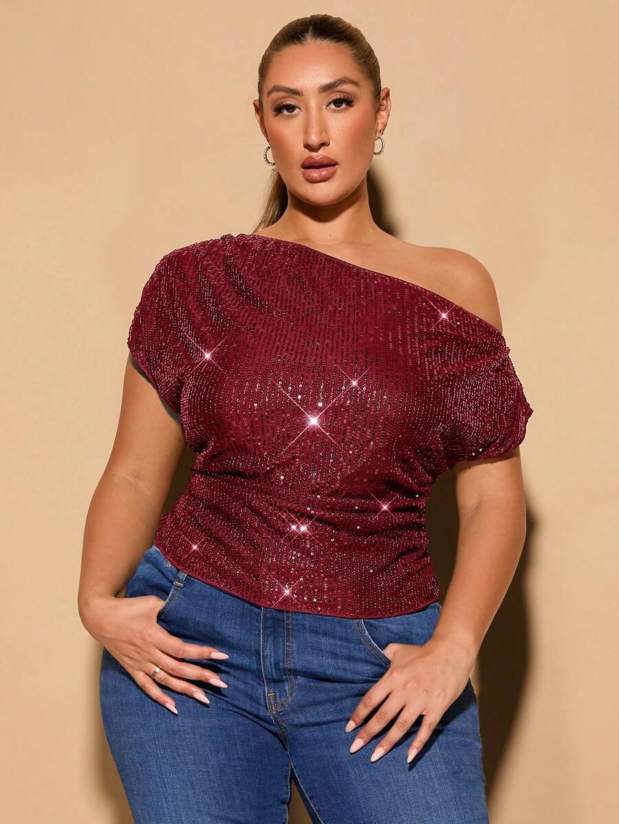 SHEIN BAE Top asimétrico de manga corta con hombros descubiertos, acampanado y con brillo y lentejuelas para mujer talla grande, adecuado para fiestas elegantes de otoño, fiestas y ocasiones elegantes de Halloween