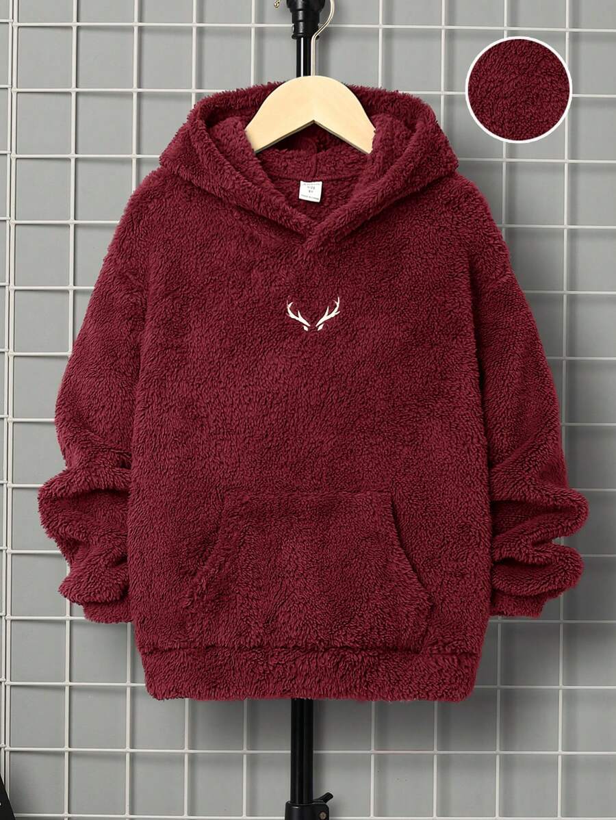 SHEIN Tween Boy Embroidered Two-Sided Fleece Hoodie Pullover, Casual