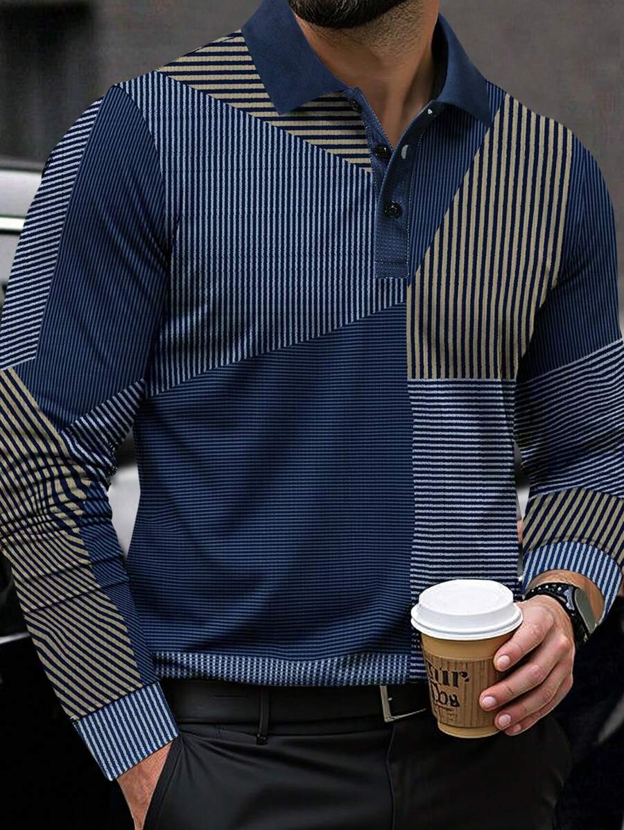 Manfinity Homme Camisa polo de manga larga con cuello, estampado de parche y diseño casual de negocios para hombres, para el trabajo