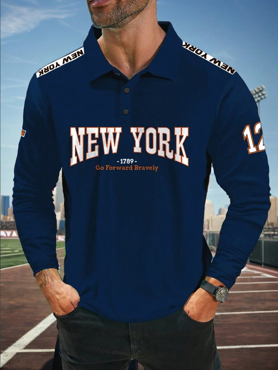 Manfinity Homme Plus Size Men Letter & Number Graphic Print Loose Fit Casual Long Sleeve Polo Shirt, For Going Out, Academia