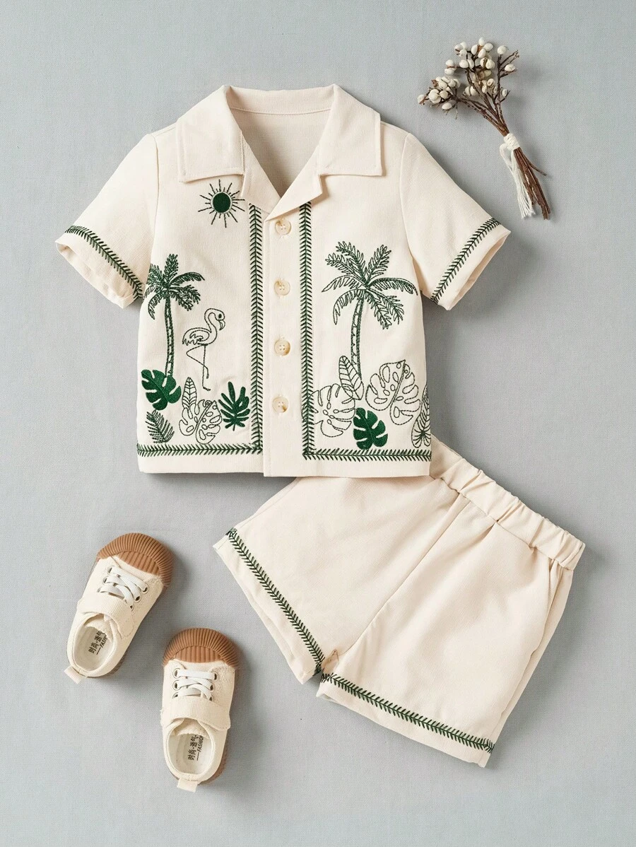 Souflis Souflis Conjunto de camisa de manga corta con bordado tropical y pantalones cortos de moda para bebé niño para vacaciones de primavera/verano