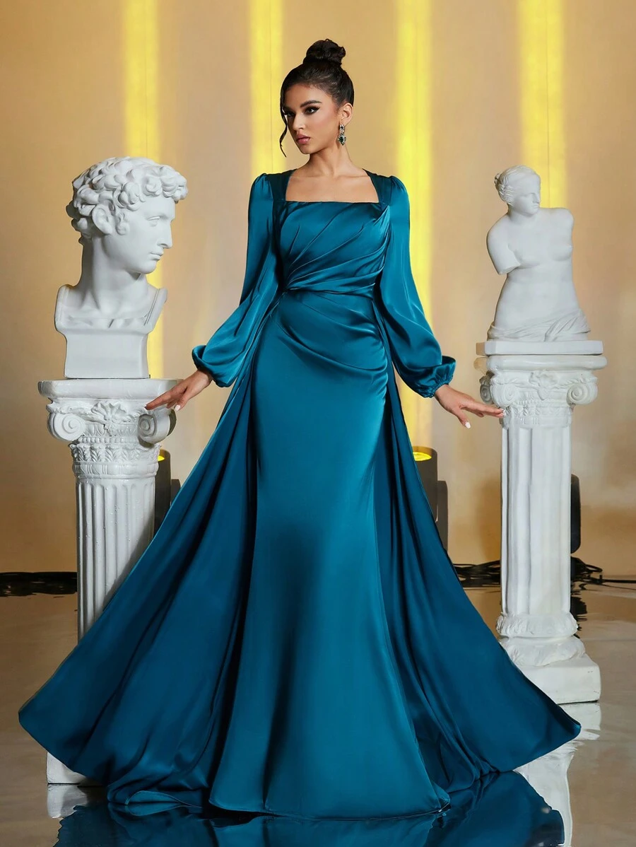Glamrae Elegant Green Square Neck Lantern Sleeve Chest Pleated Maxi Mermaid Dress With Detachable Flounce, Formal Wear For All Occasions, Long Sleeve Prom Evening Dress, For Wedding Guest, Graduation, Dinner