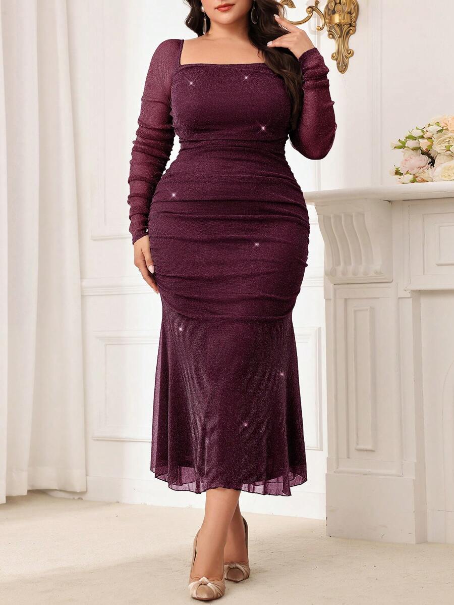 Modelyn Burgundy Red Plus Size Glitter Mermaid Hem Elegant Dresses