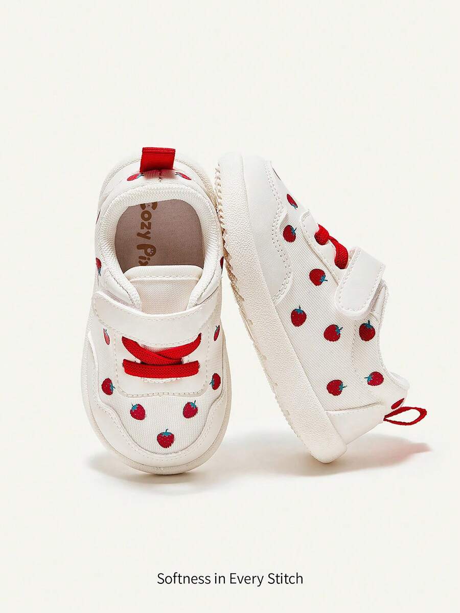 Cozy Pixies Zapatillas De Moda Planas Para Niñas Con Cierre, Diseño De Dibujos Animados De Frutas Blancas Y Fresas Rojas Para Uso Diario Durante Todas Las Estaciones