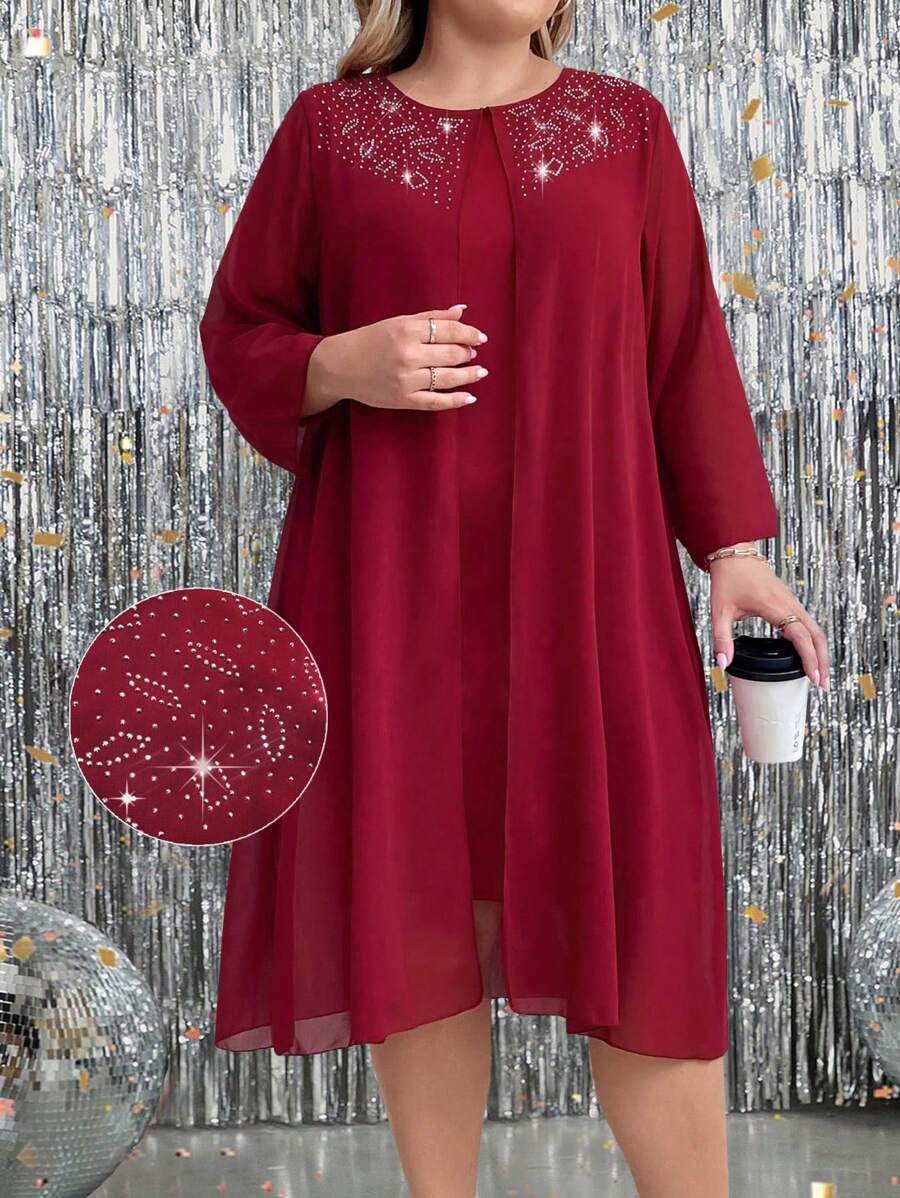Plus Size Women's Elegant Wine Red Chiffon & Knit Sequin Trim 3/4 Sleeve Dress