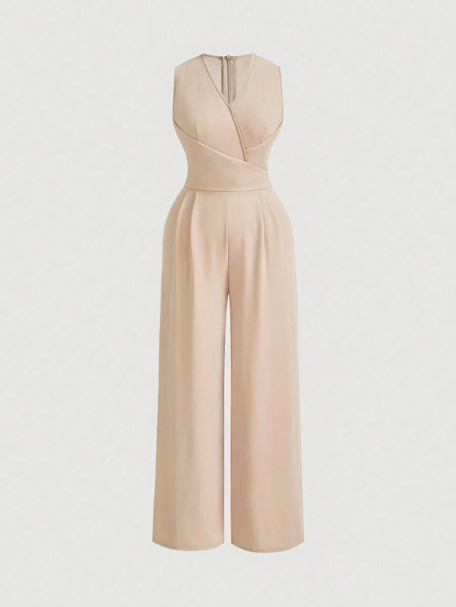 SHEIN MOD Mono de pierna ancha con cremallera, sin mangas, de unicolor y con envoltorio retro para la cintura para mujeres de talla grande