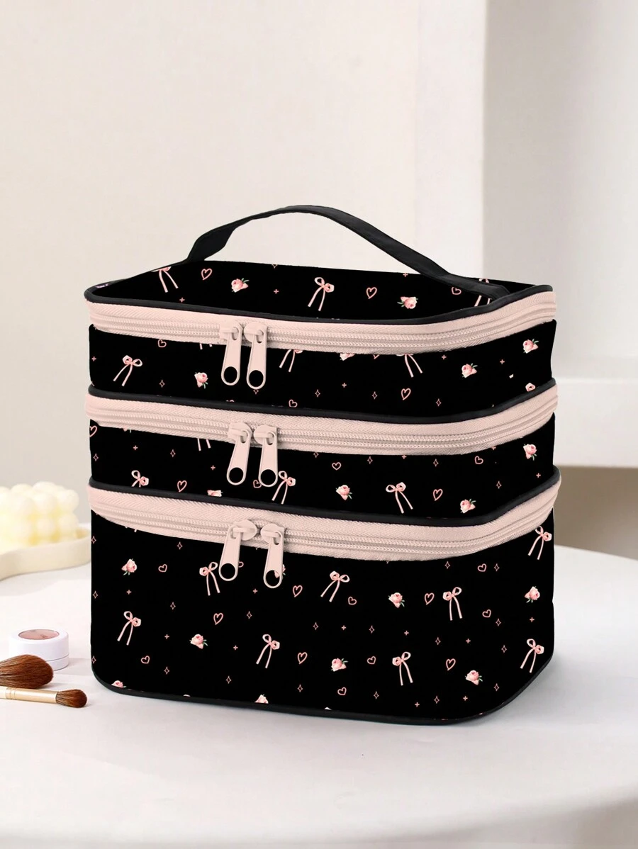 Trape Graphic Bolsa de cosméticos con patrón de rosa y moño estilo Kawaii de 3 capas, con forma cuadrada para maquillaje, ideal para vacaciones, Año Nuevo y Día de San Valentín