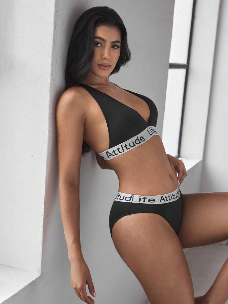 EasyFave Conjunto de lencería impresa simple para mujer