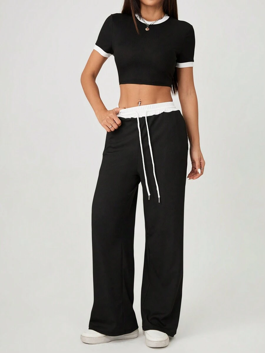 SHEIN PETITE Women's Summer Sexy Color-Blocked Round Neck Short-Sleeved T-Shirt + High-Waisted Lace-Up Trousers Two-Piece Set