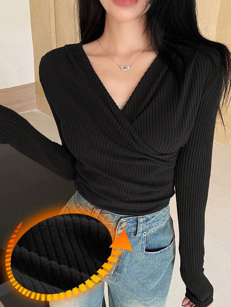 DAZY Women Casual Solid Color Warm Thermal Lined Crossover T-Shirt, Autumn