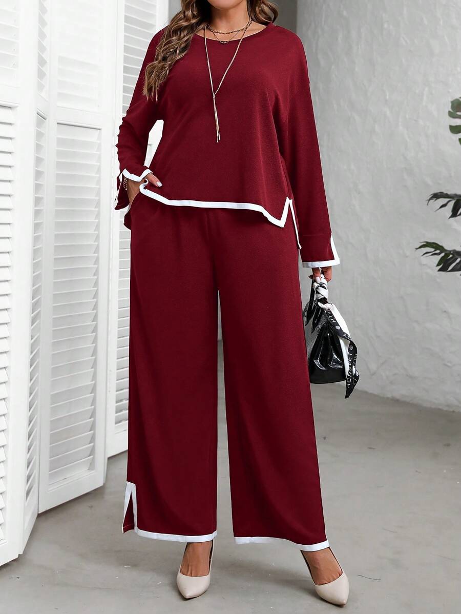EMERY ROSE Plus Size Dames Zwarte Ronde Hals Lange Mouw Zijsplit Zoom Top En Wijde Pijpen Broek Herfst Sets