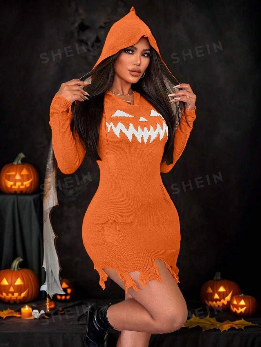 VaVaBold Vestido de suéter con capucha sexy, ajustado y calado con estampado de calabaza con dientes grandes para Halloween, ropa de color naranja