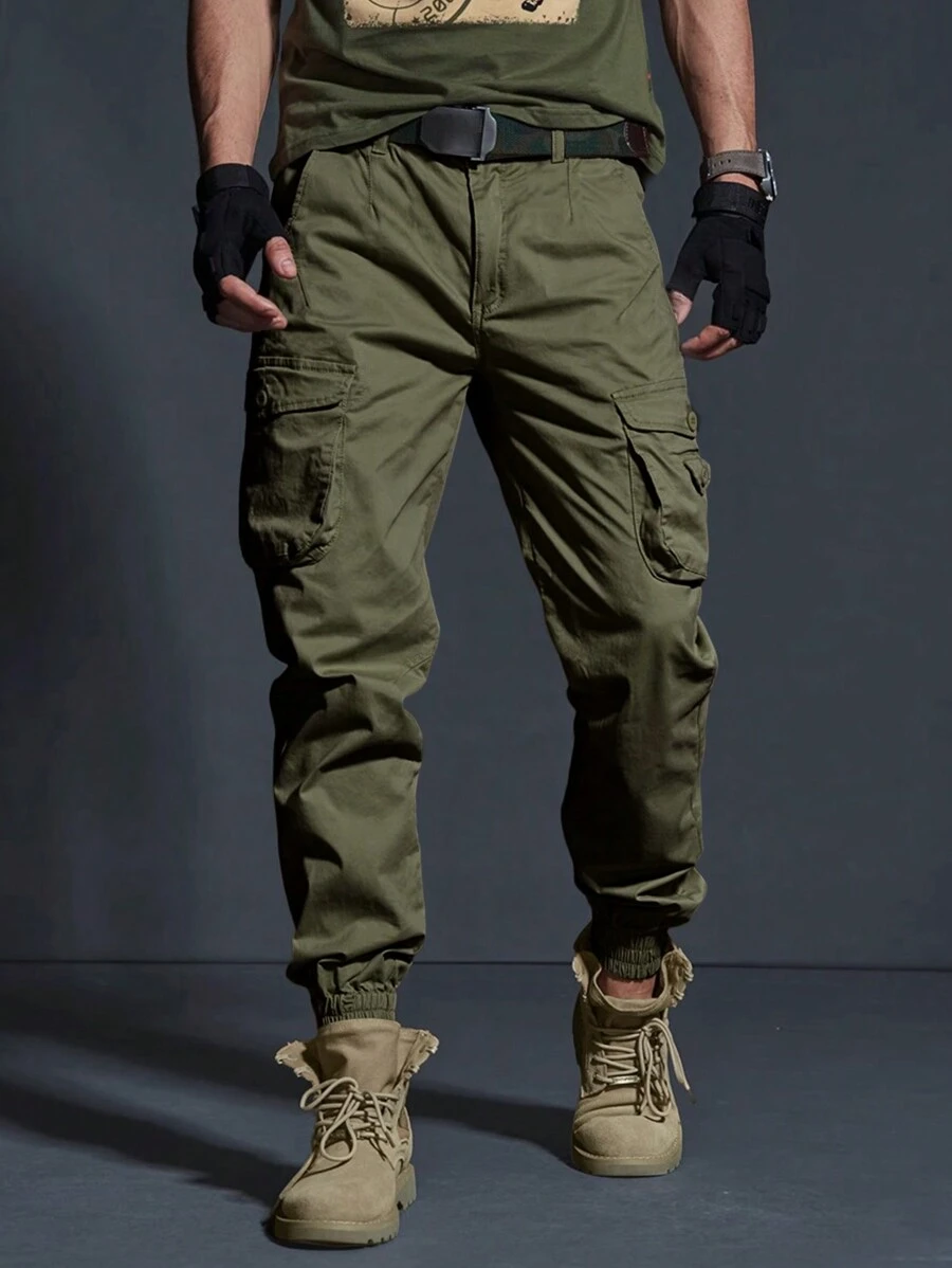 Manfinity Homme Men's Solid Color Multi-Pocket Casual Cargo Pants, Daily Wear