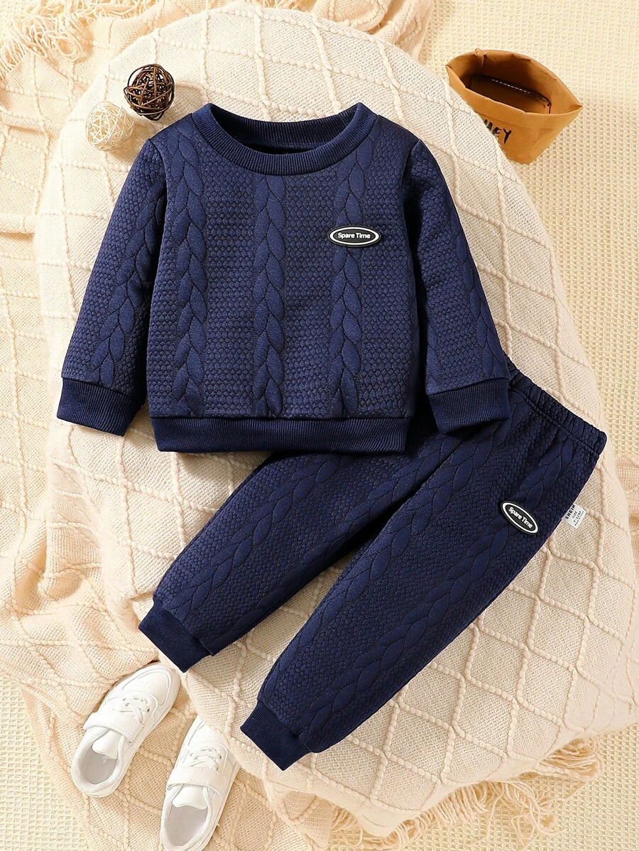 SHEIN Baby Boy Solid Color Casual Sports Textured Fabric Crew Neck Long Sleeve Sweatshirt And Jogging Pants Set