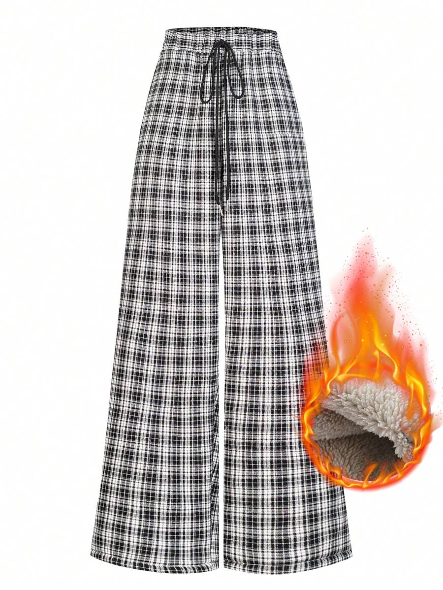 SHEIN LUNE Plus Size Women Plaid Drawstring Waist Loose Fit Wide Leg Casual Pants