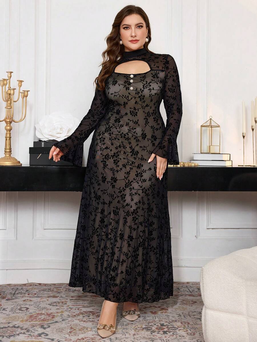 Modelyn Plus Size Women Elegant Floral Flocked Cutout Stand Collar Bell Sleeve Dress Maxi Women Outfit