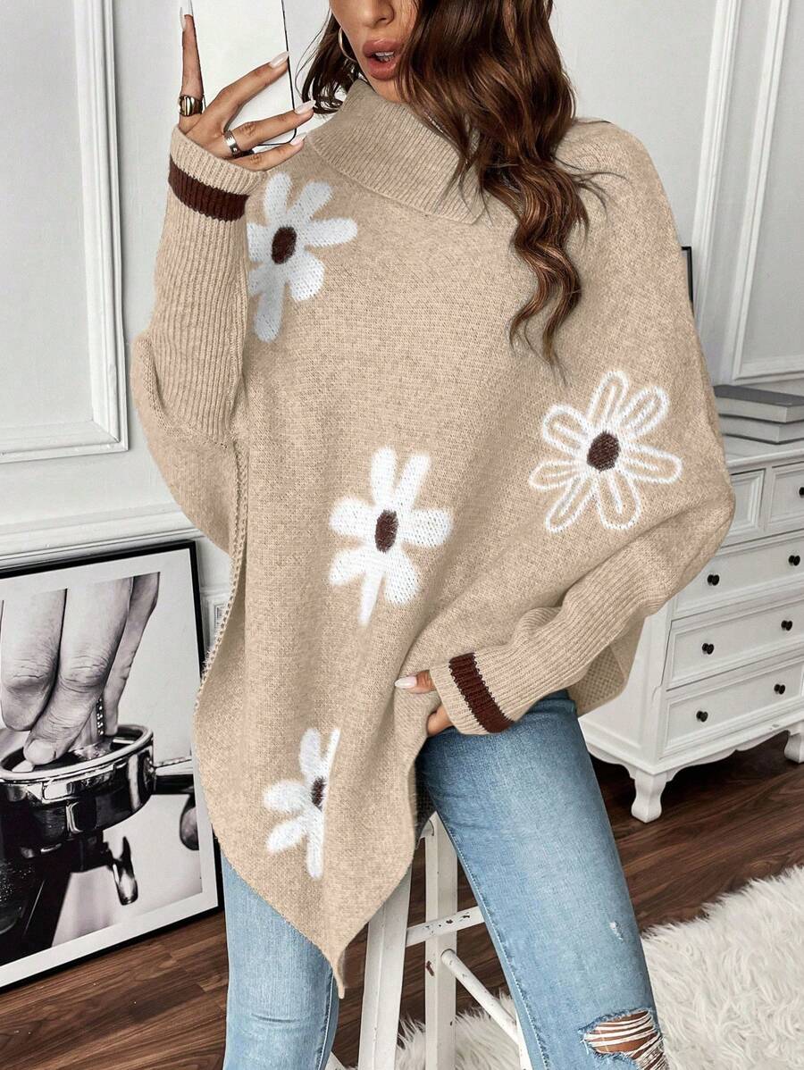 SHEIN Clasi Women Flower Pattern Batwing Sleeve Loose Knit Sweater, Casual For Daily Wear In Autumn/Winter